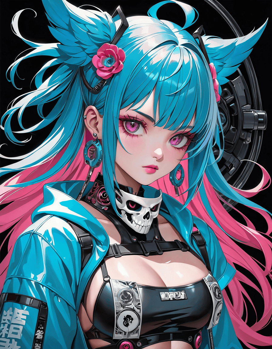 AI generated: (masterpiece, best quality) , 1lady, solo, anime girl wearing skull facemask, in the style of cyberp...