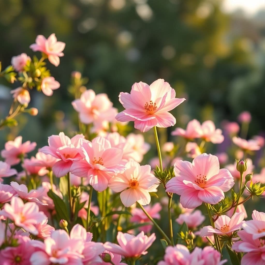 AI generated: Un jardín sereno al amanecer, la belleza de las flores, con delicados pétalos de baile rosado y blan...