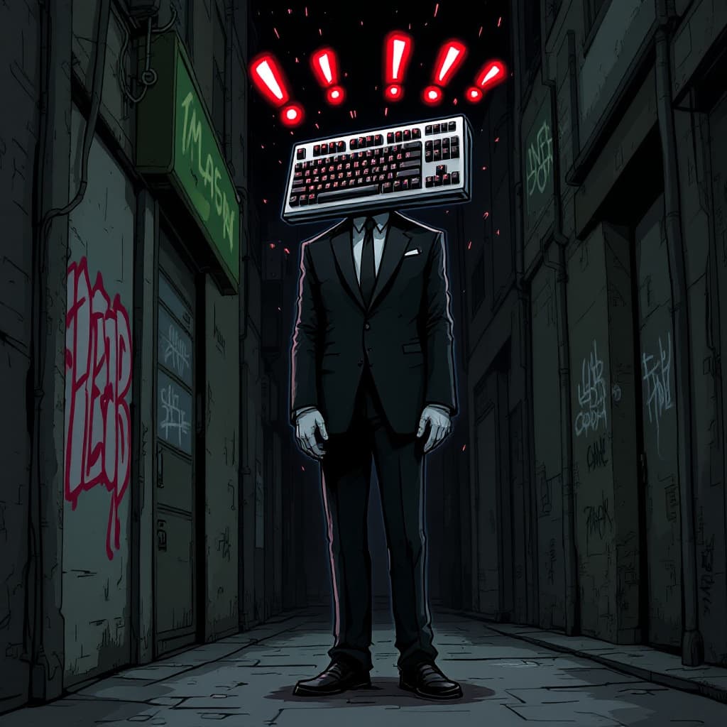 AI generated: a humanoid figure in a full-length formal suit, with curved shoulders and a computer keyboard floati...