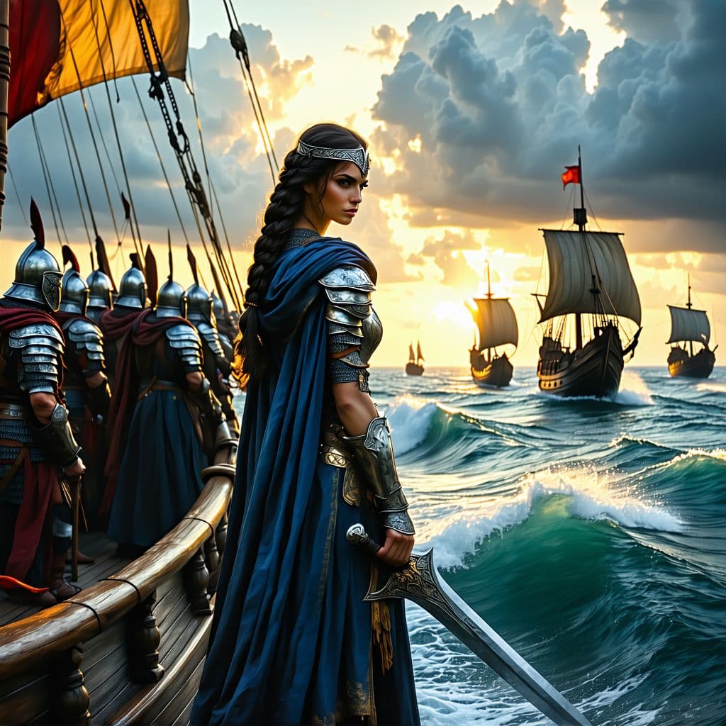 AI generated: Prompt: A powerful and determined Queen Teuta of Illyria stands at the prow of her warship, sailing ...