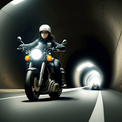AI generated: women cop riding a motorbike inside a tunnel ,car chasing her 