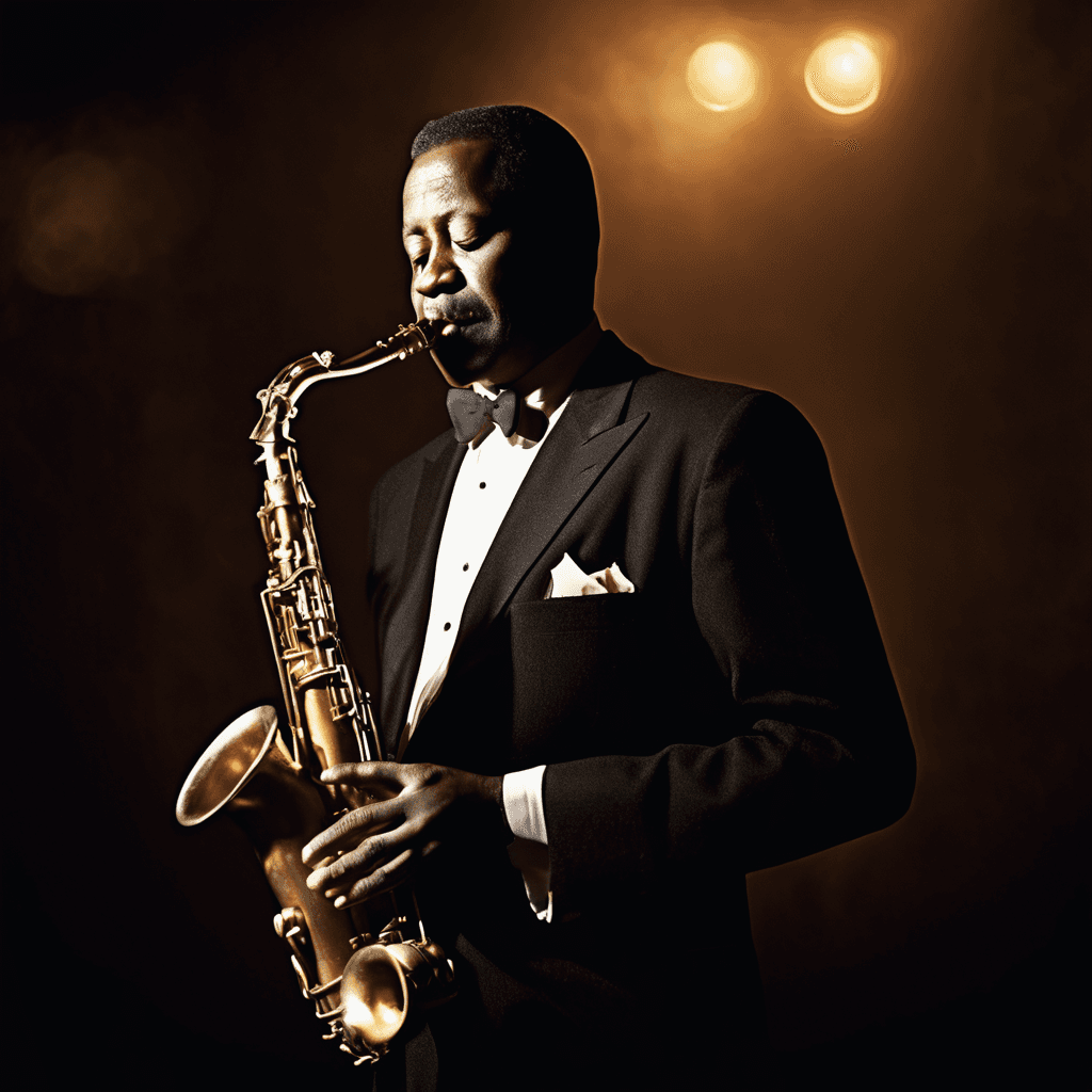 AI generated: A soulful 40-year-old jazz musician, clad in a sharp suit and holding a saxophone, exudes the essenc...