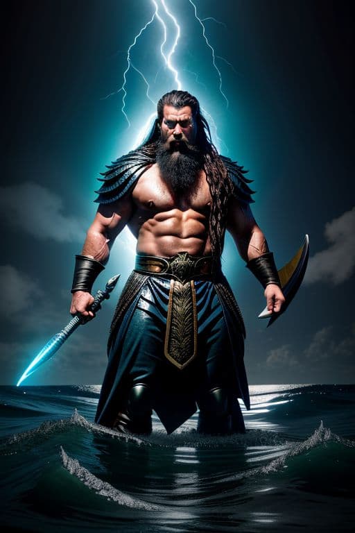 AI generated: God of the sea(greek roman mythology:Poseidon), In the endless blue sea, A proud and pious appearanc...