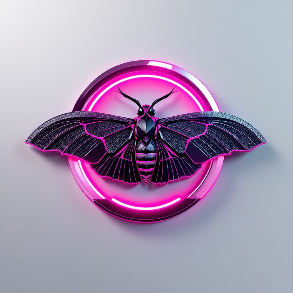 AI generated: 1. Main subject: (Synthwave-infused stylized moth emblem wings unfurled majestically encased by text...