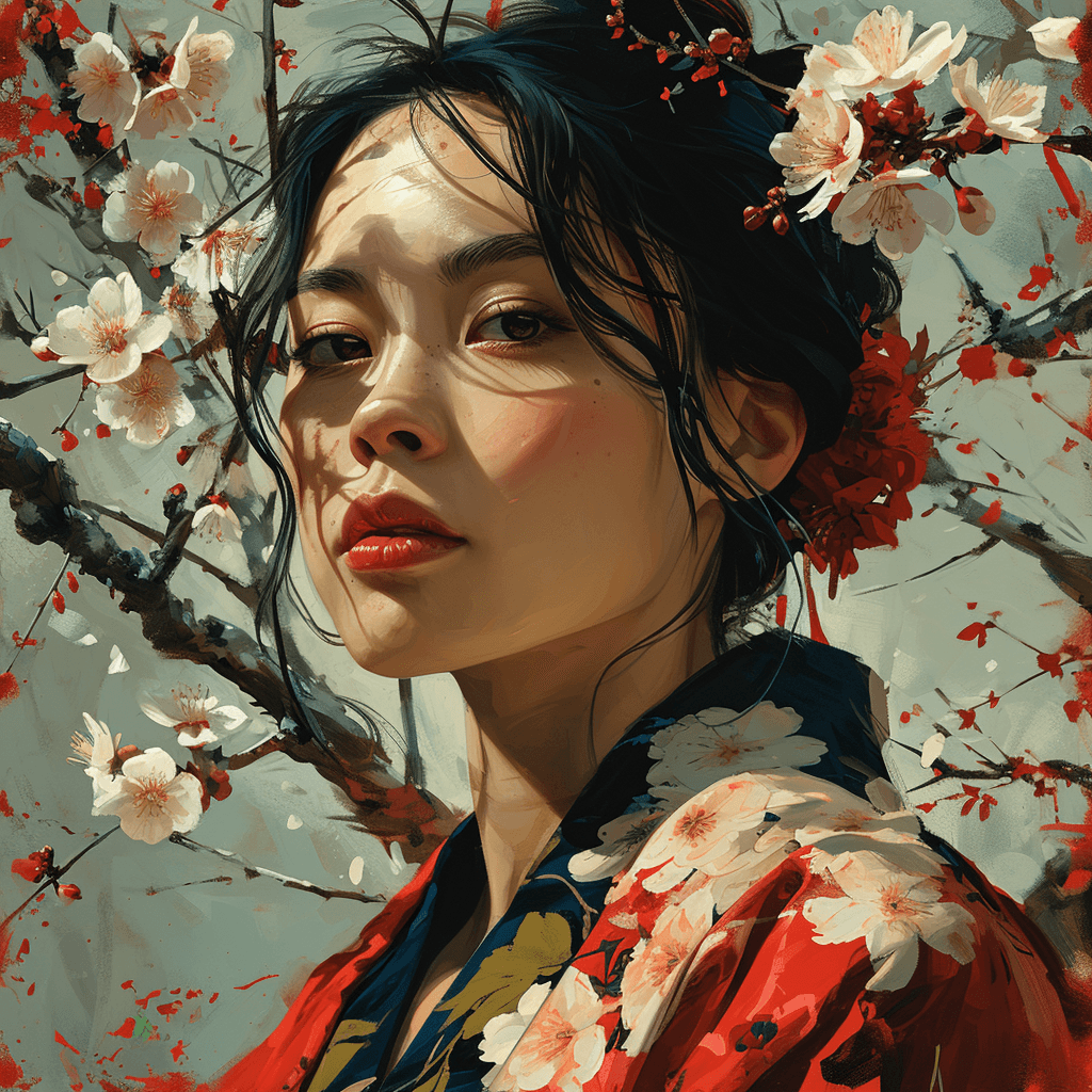 AI generated: a beautiful asian woman under a cherry blossom tree, detailed facial features, complex patterns --st...