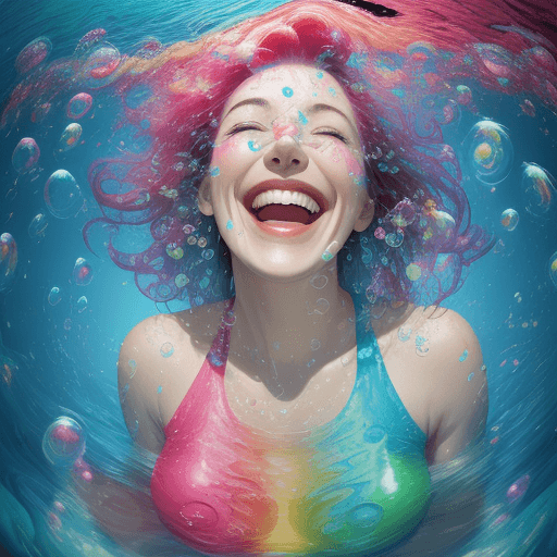 AI generated: a woman 30 years old, laughing, surrounded by colorful water bubbles. realistic