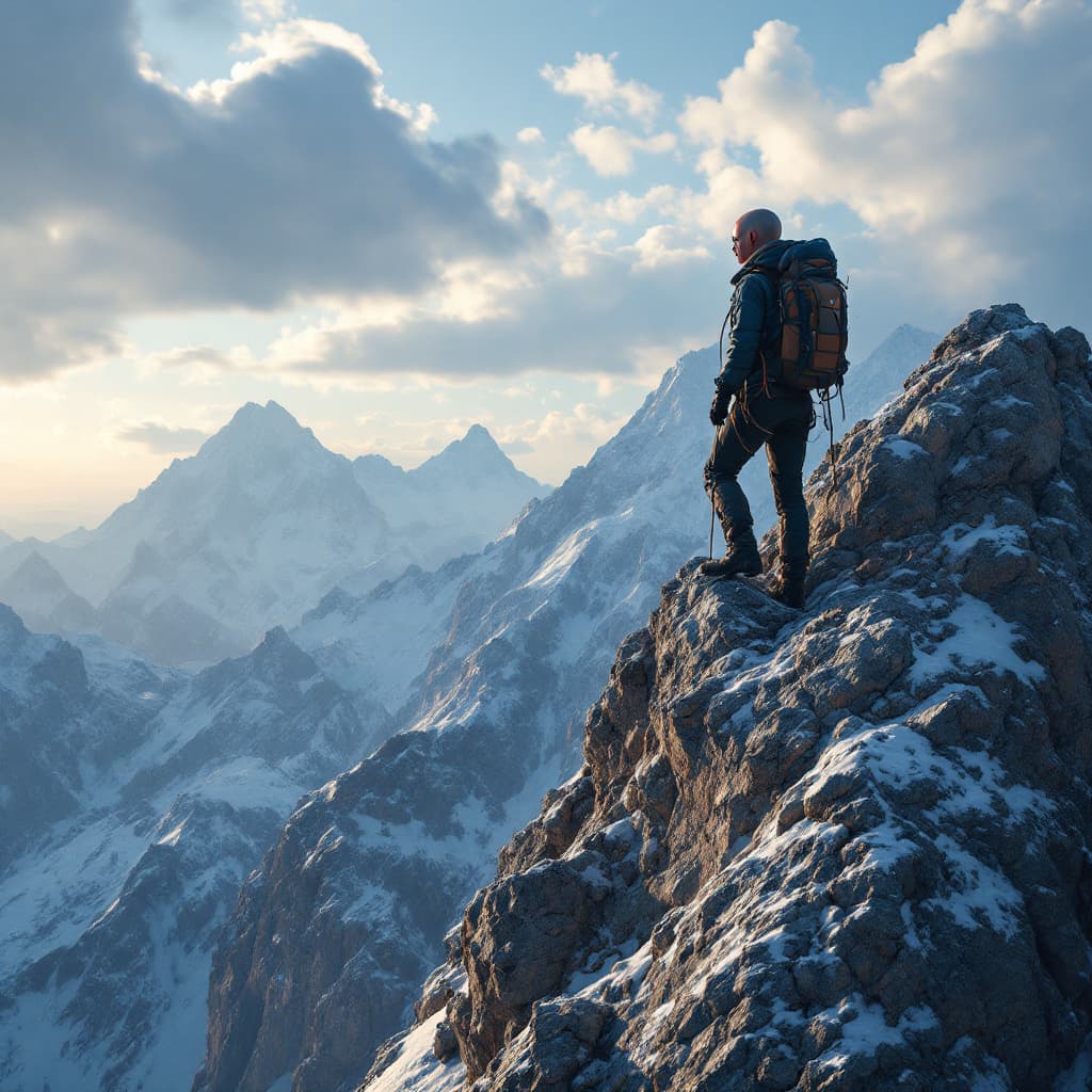 AI generated: A breathtaking scene of a teary eyed bald female mountaineer reaching the summit against all odds