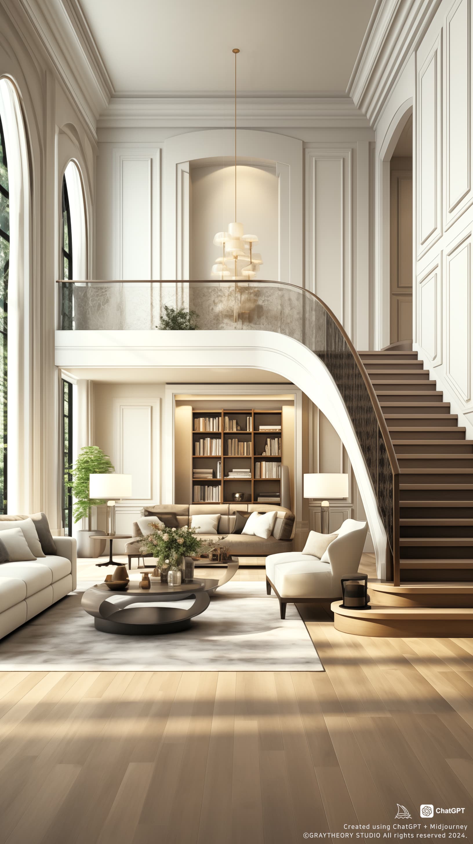 AI generated: front view, living room + loft, white + cream color tone, classic, 4k, --ar 9:16