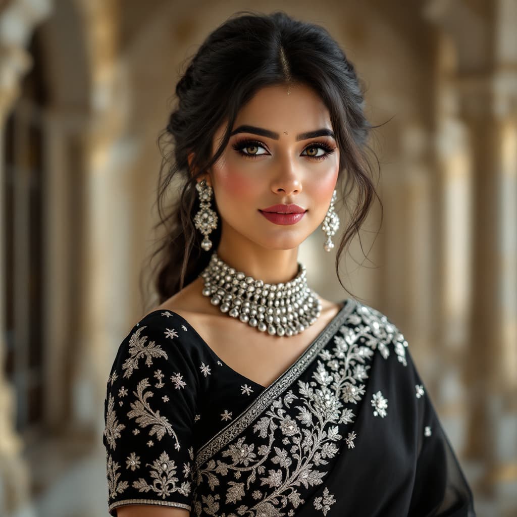 AI generated: A stunningly beautiful Indian woman dressed in a black saree with intricate silver embroidery, featu...