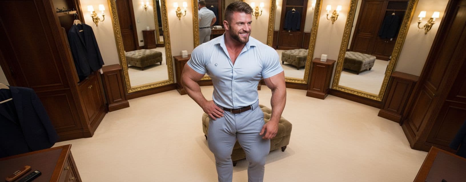 AI generated: The bodybuilder is 6'4" tall, he has huge muscular shoulders and super extra huge muscular legs. He ...