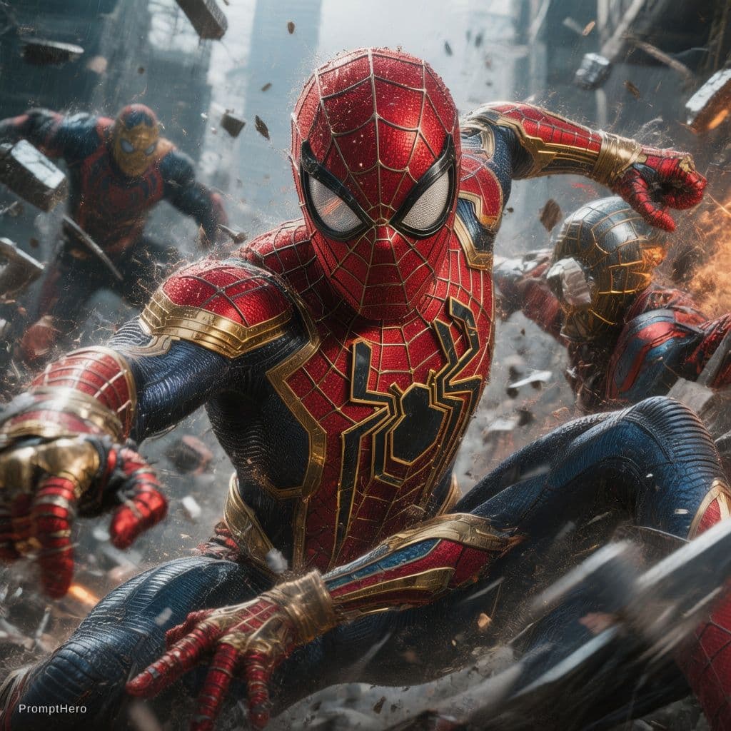 AI generated: spider-man, in iron spider costume , on  a fight, cinematic shot, --v 6 --style raw --ar 16:9