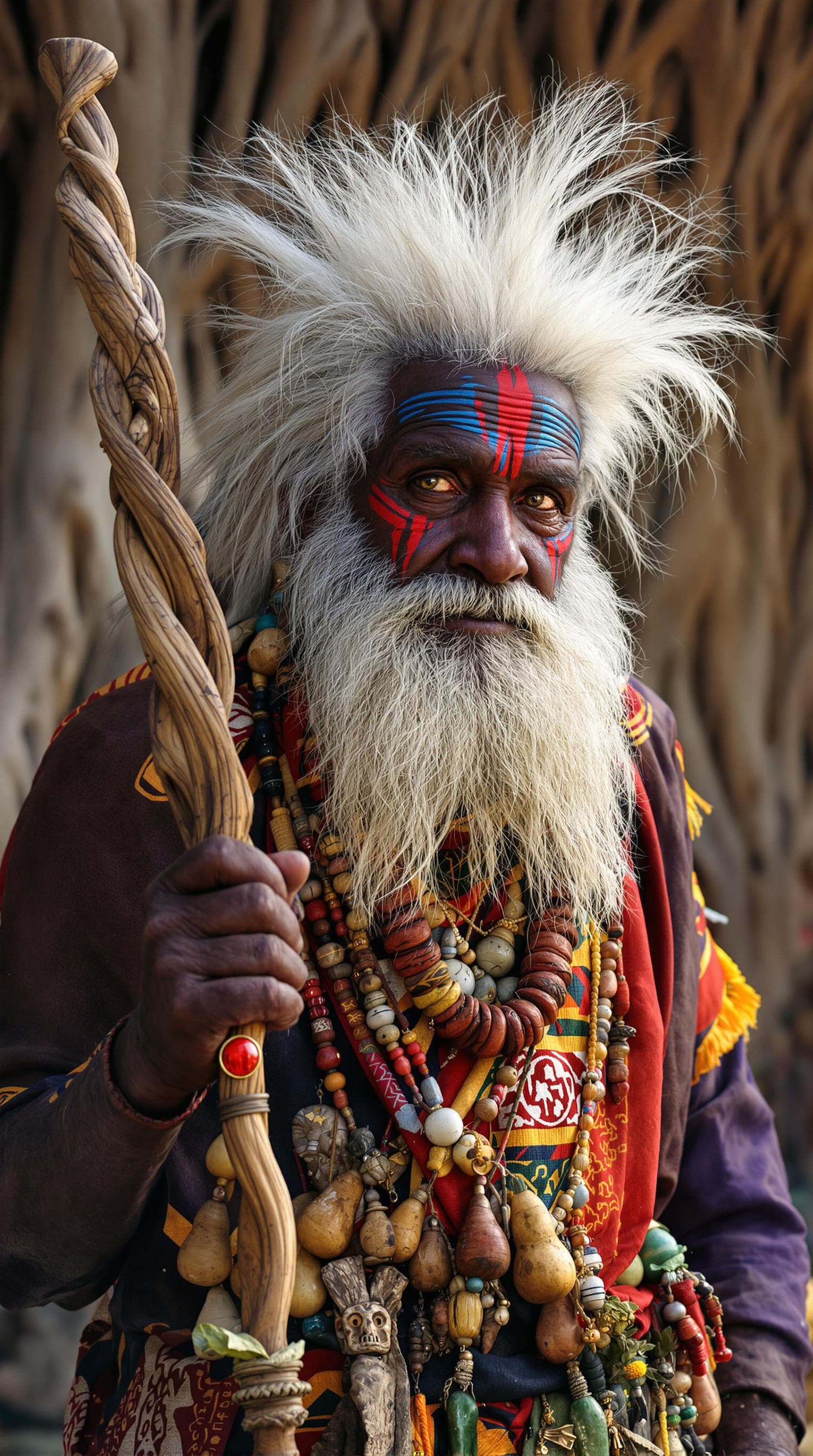 AI generated: A hyper-realistic portrait of an elderly shaman inspired by Rafiki; weathered face with tribal marki...