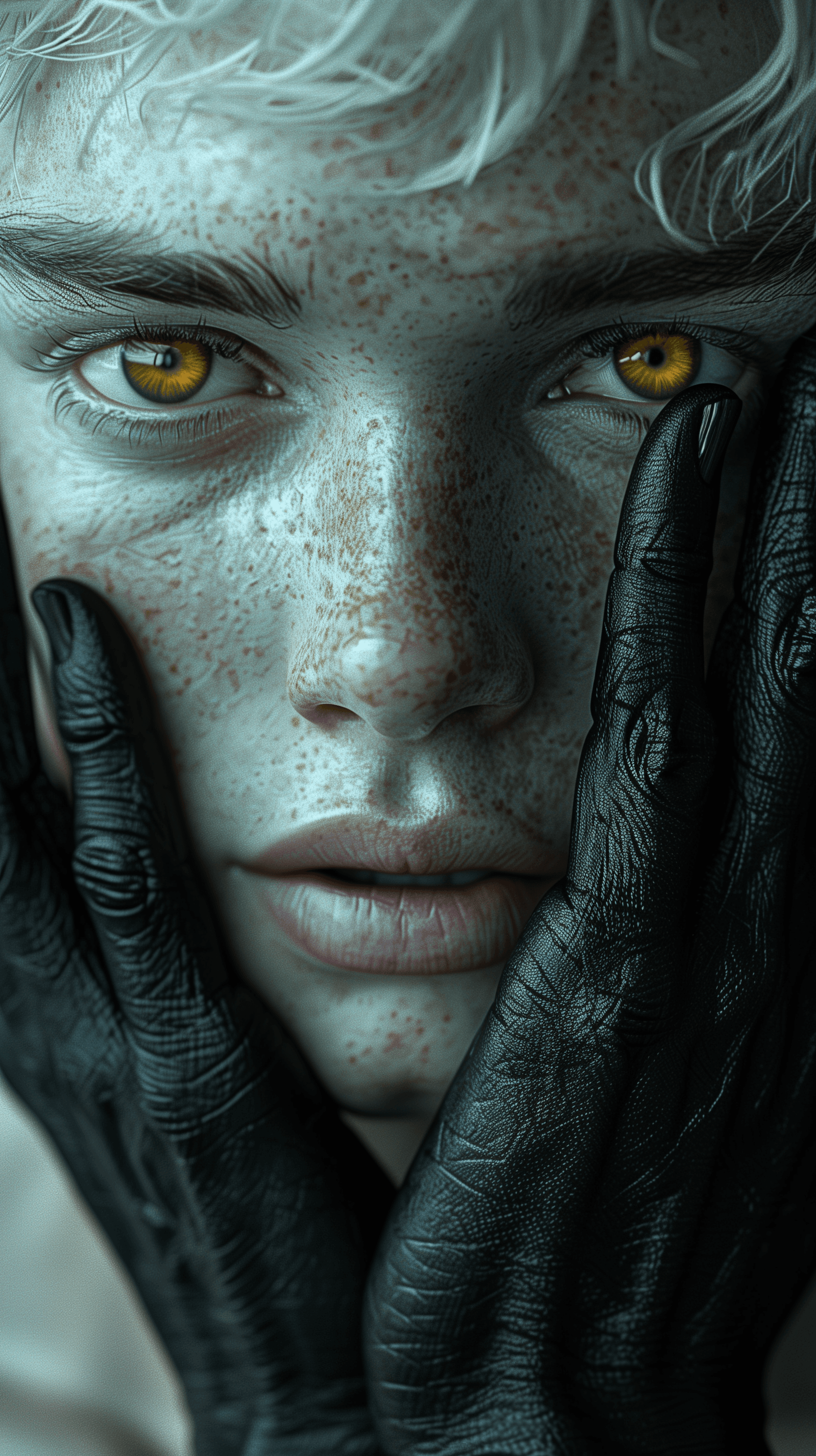 AI generated: close-up portrait of a man with pale skin and striking light yellow eyes, gaze to front, a matte bla...