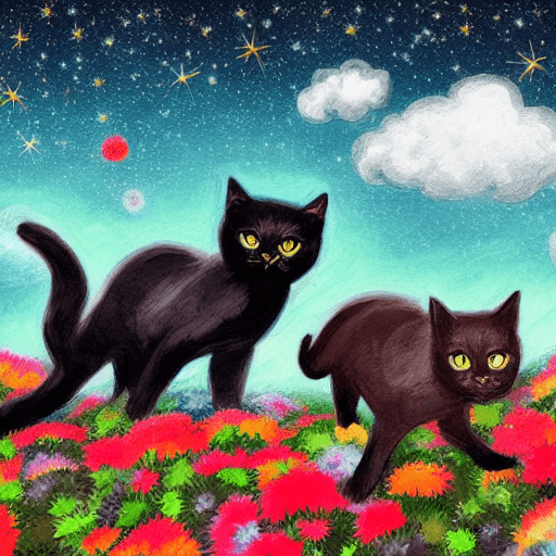 AI generated: Three black cats in a colorful paradise. The ground is made up of clouds. The sky needs to be full o...