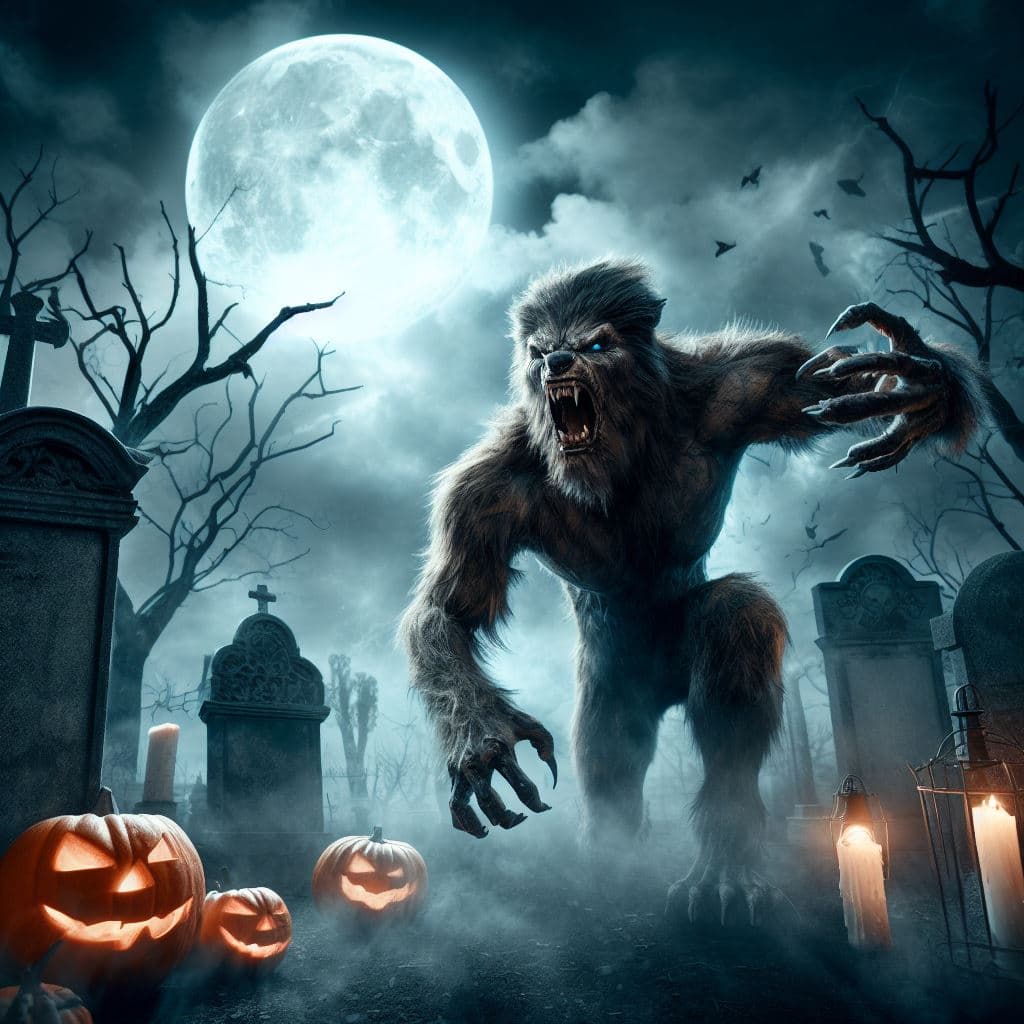 AI generated: Werewolf in action,ultra high detailed,photorealism, on a cemetry,misty,death trees,candels ,Hallowe...