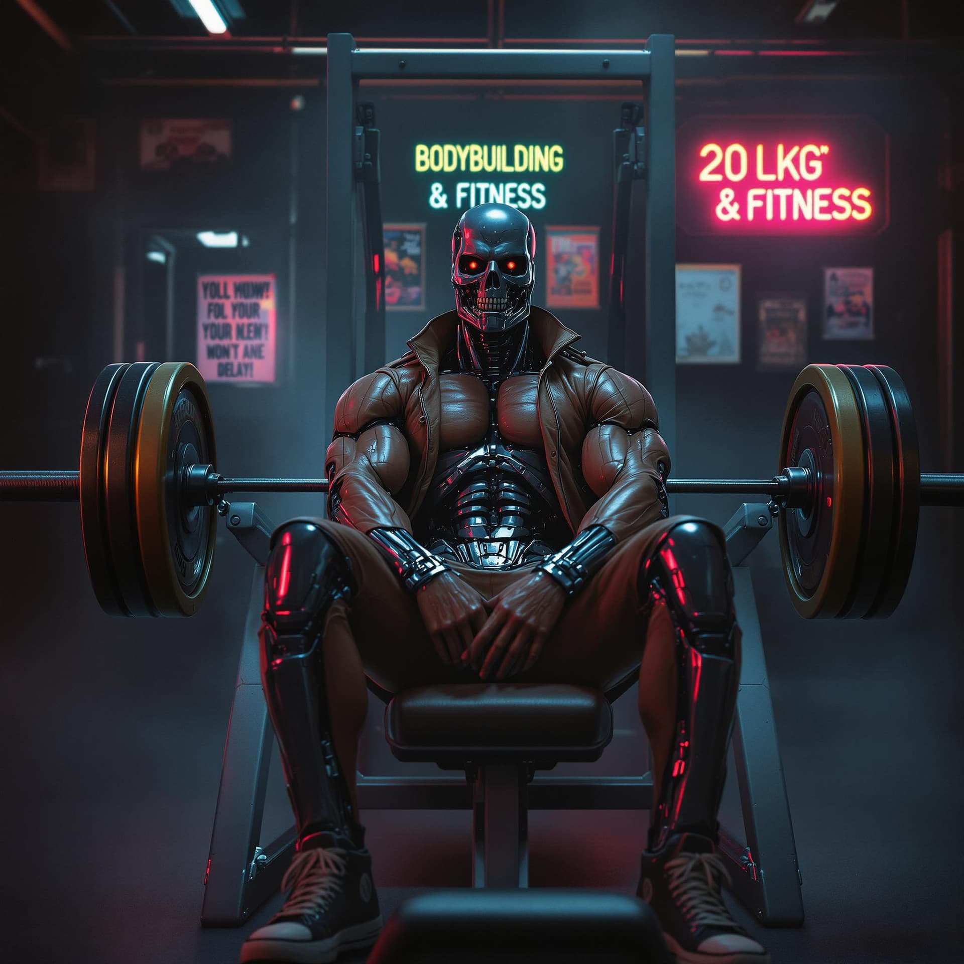 AI generated: A hyperrealistic 1980s-style cinematic scene showing the Terminator from The Terminator movie seated...