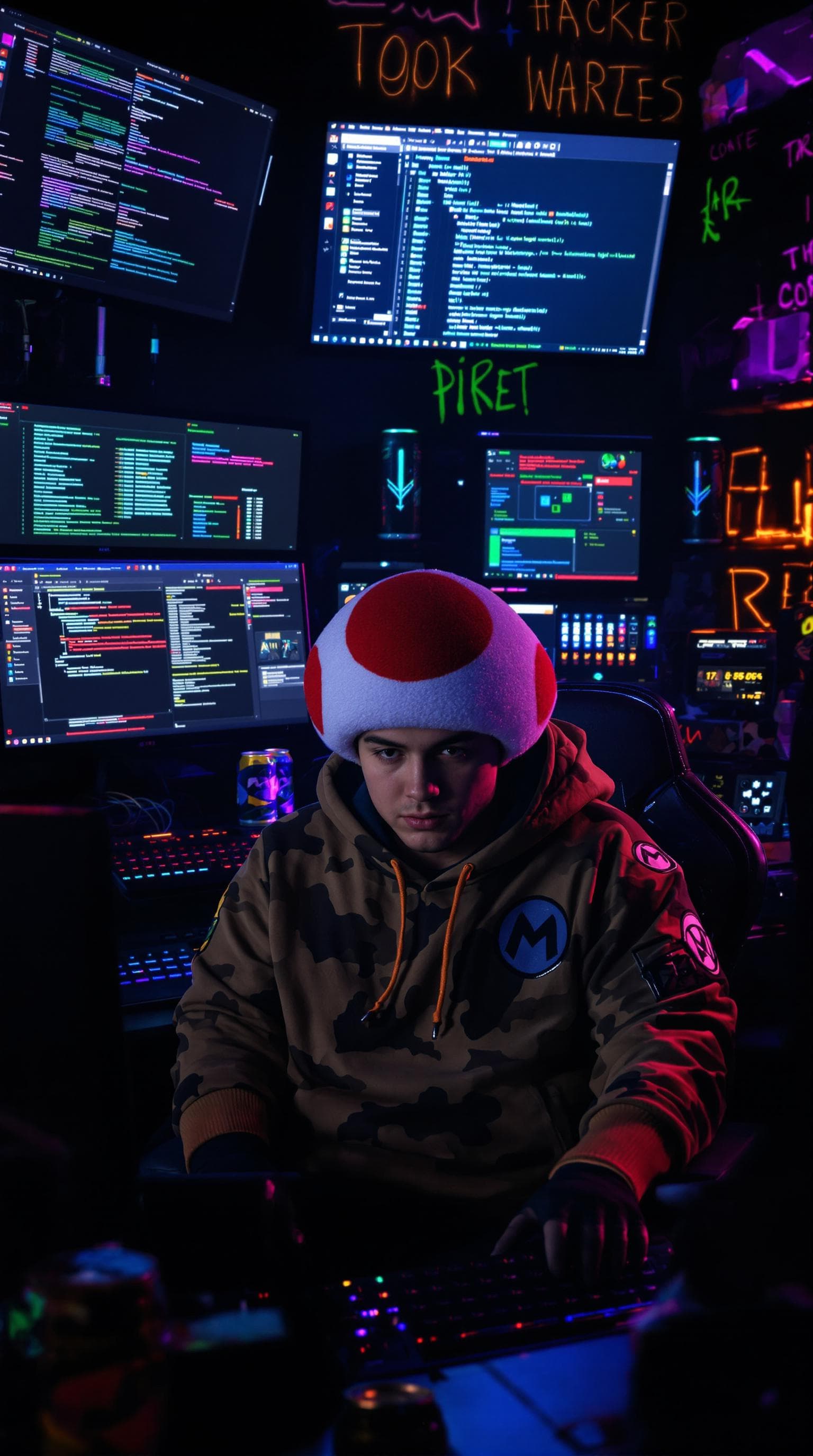 AI generated: A hyper-realistic young hacker inspired by Toad from Super Mario Bros; short and stocky, bright pers...