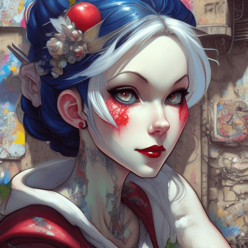 AI generated: Portrait of tatooed Snow White, character design, photorealism, detailed hair, punk art, acid punk, ...