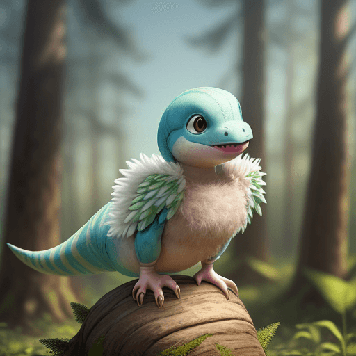 AI generated: An adorable and fluffy baby dinosaur, with feathers and wings, stripes, forest, bright sky, with blu...