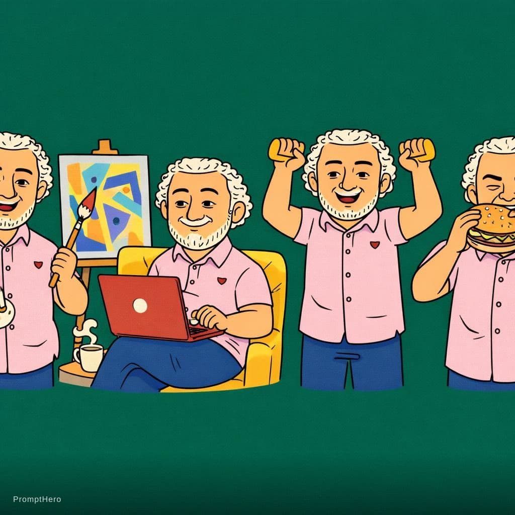 AI generated: illustration, series of simple and colorful, man, exaggerated, against a solid deep green background...