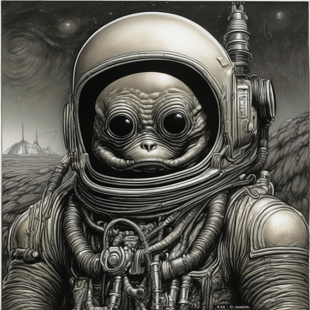 AI generated: A hybrid(Gremlin)(Teletubbie) as a dieselpunk astronaut, painting by H.R.Giger, art by Robert Crumb ...