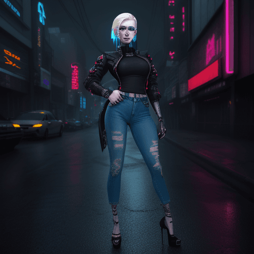 AI generated: beautiful pale cyberpunk female with heavy black eyeliner, blue eyes, shaved side haircut, bluen jea...