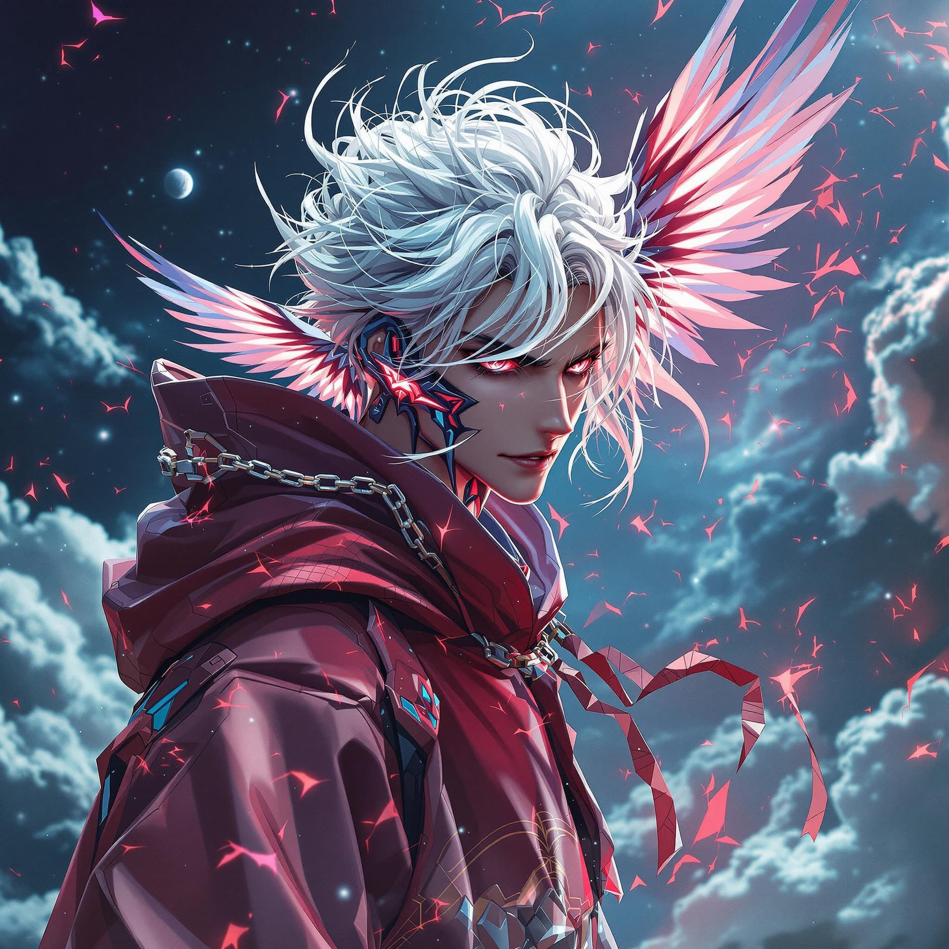 AI generated: styled anime, adult man, transforming into Evangelion Demonic Demon inspired mecha, fly me to the mo...