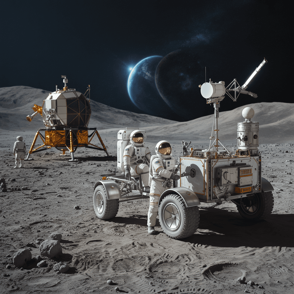 AI generated: Realistic shot of astronauts on the surface of a planet, with a lunar rover and space station in the...