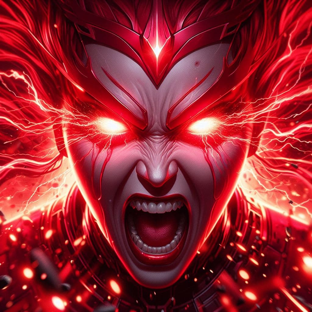 AI generated: close up of Wanda Vision of Marvel screaming, in a fit of rage, red eyes, Masterpiece, gigantic scal...