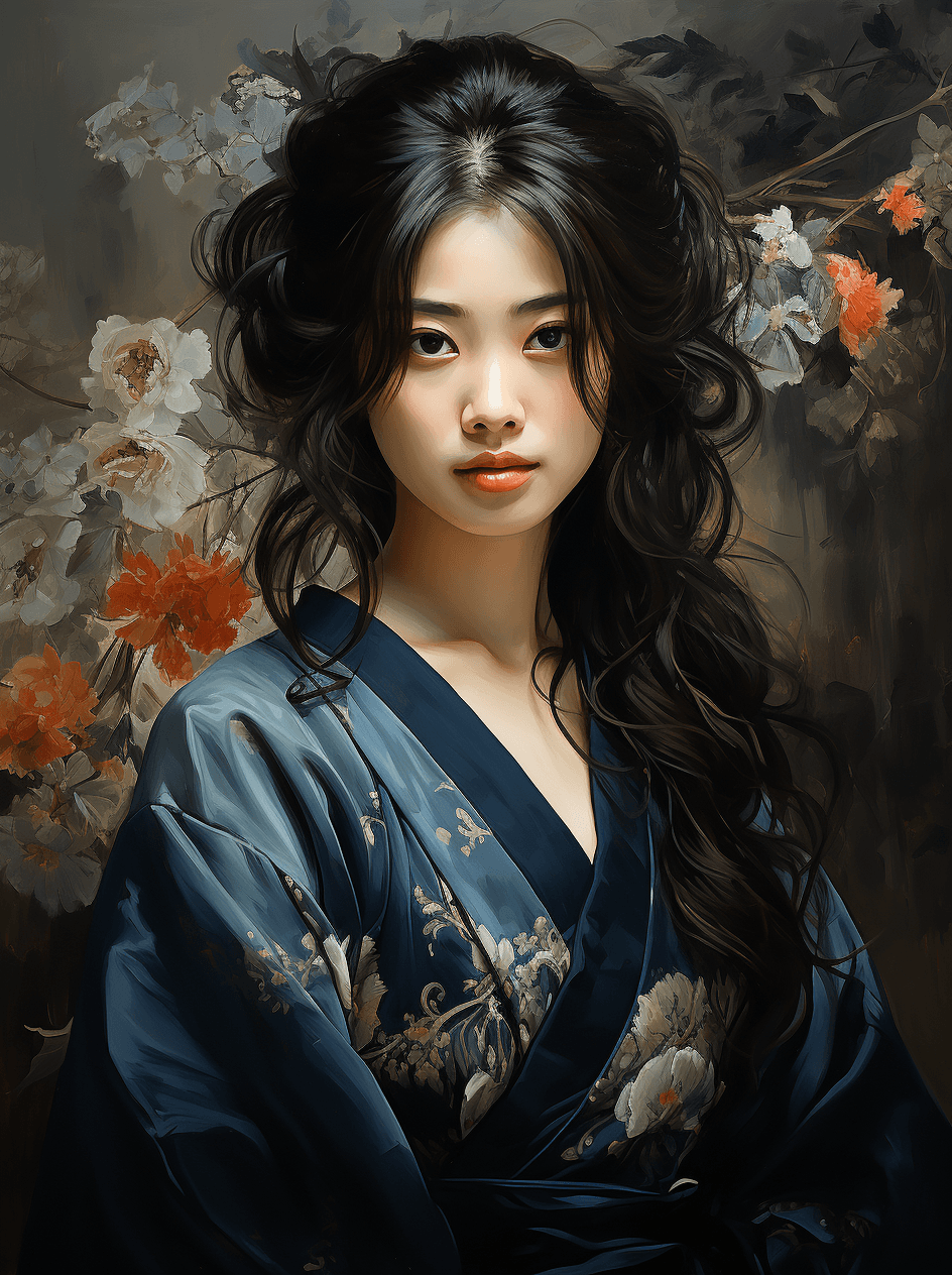 AI generated: the asian style painting of a woman wearing a kimono and flower print kimono the asian lady , in the...