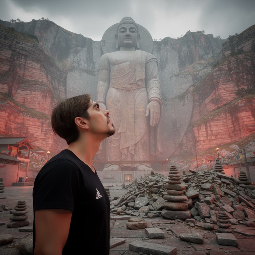 AI generated: a large statue with a woman looking at it, in the style of unreal engine 5, northern china's terrain...