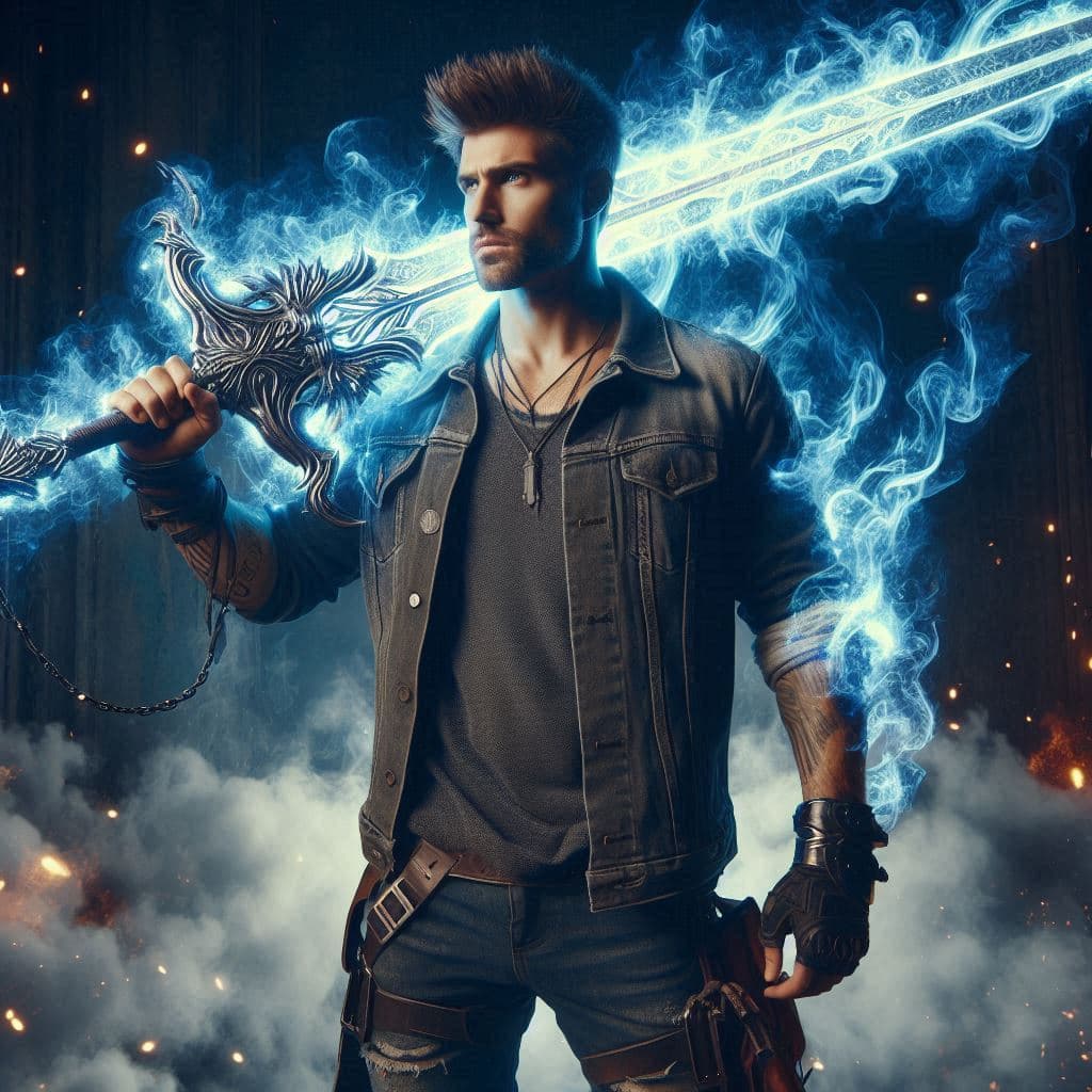 AI generated: A rugged warrior stands confidently, wielding an enormous enchanted sword surrounded by glowing blue...