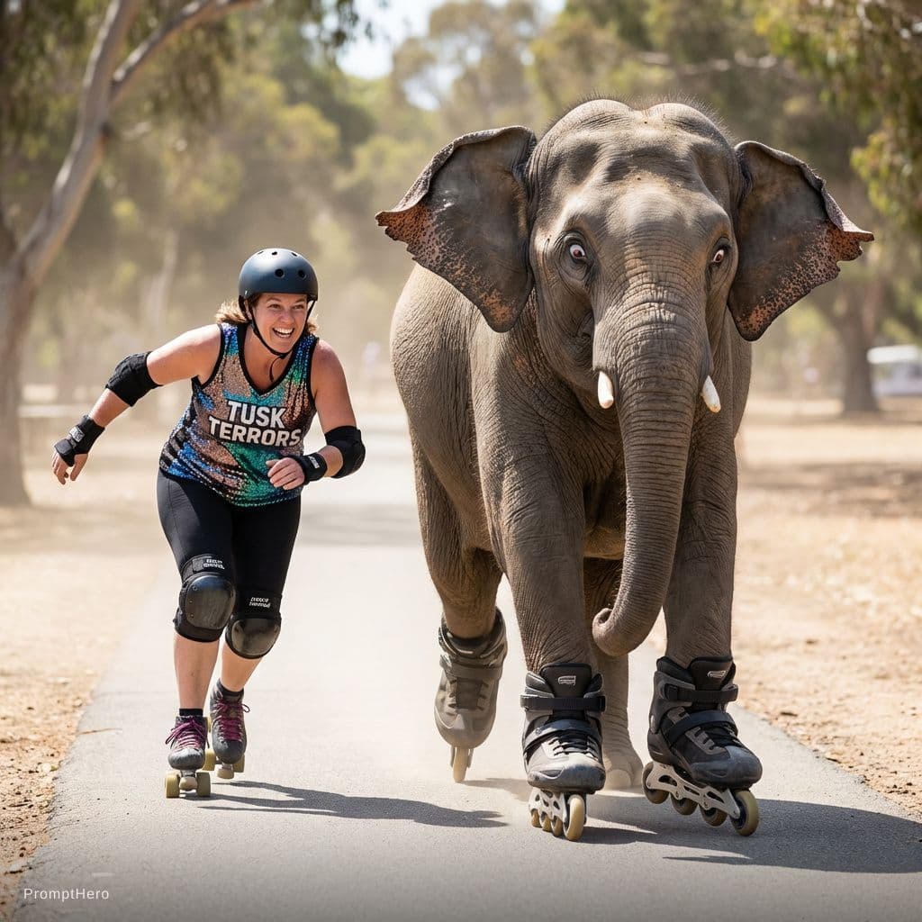 AI generated: an adult female dressed as a roller derby queen chasing an elephant on roller blades. the elephant l...