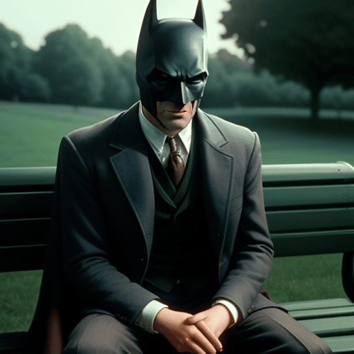 AI generated: Countryside gentleman batman shot by sofia coppola, staring at camera, sitting on a bench::Cinematic...