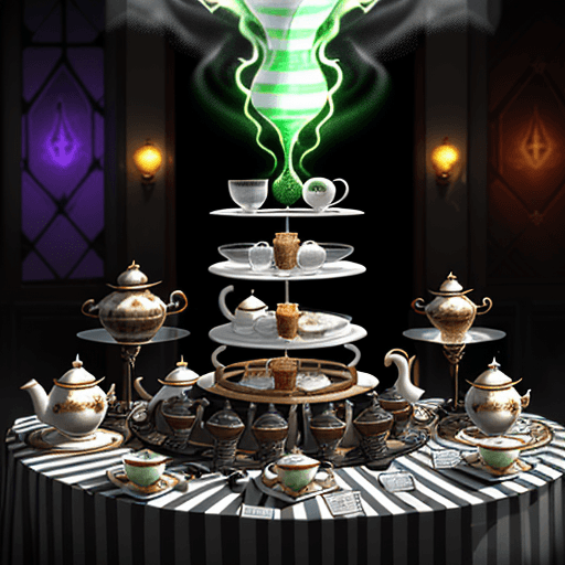 AI generated: an epic cup of flavorful explosive magic tea awaits in the buffet before the show on a white black s...