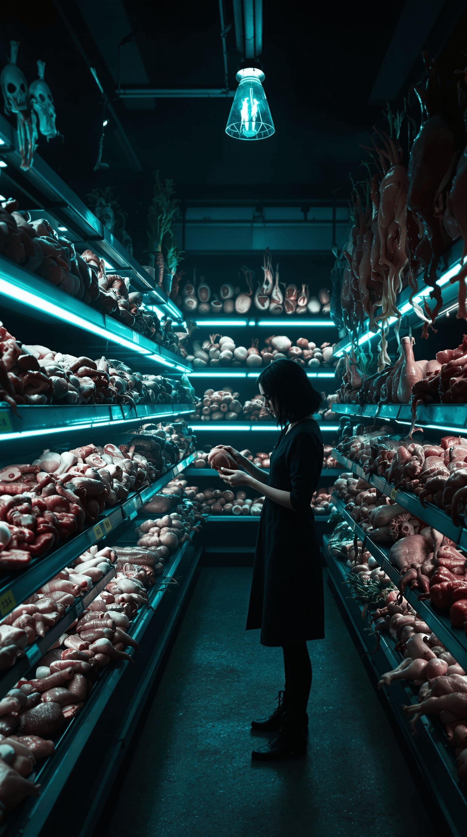 AI generated: imagine a grocery store's vegetable section, standing woman, full body, spooky, melancolía, shelves ...