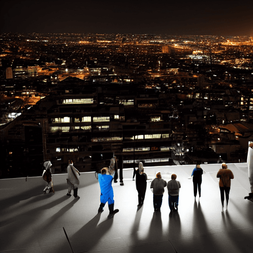 AI generated: photograph of adults young and old, men and womens,  standing on a hospital roof, silhouetted by  ho...