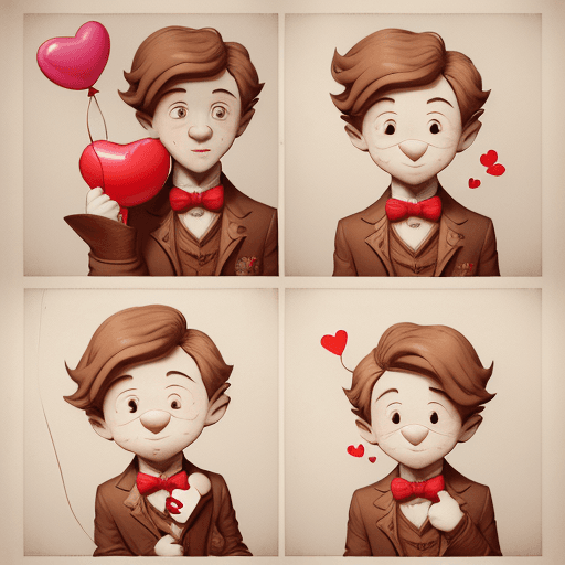 AI generated:  a poster depicts a boy holding a heart shaped balloon, in the style of sketchfab, poodlepunk, warm ...