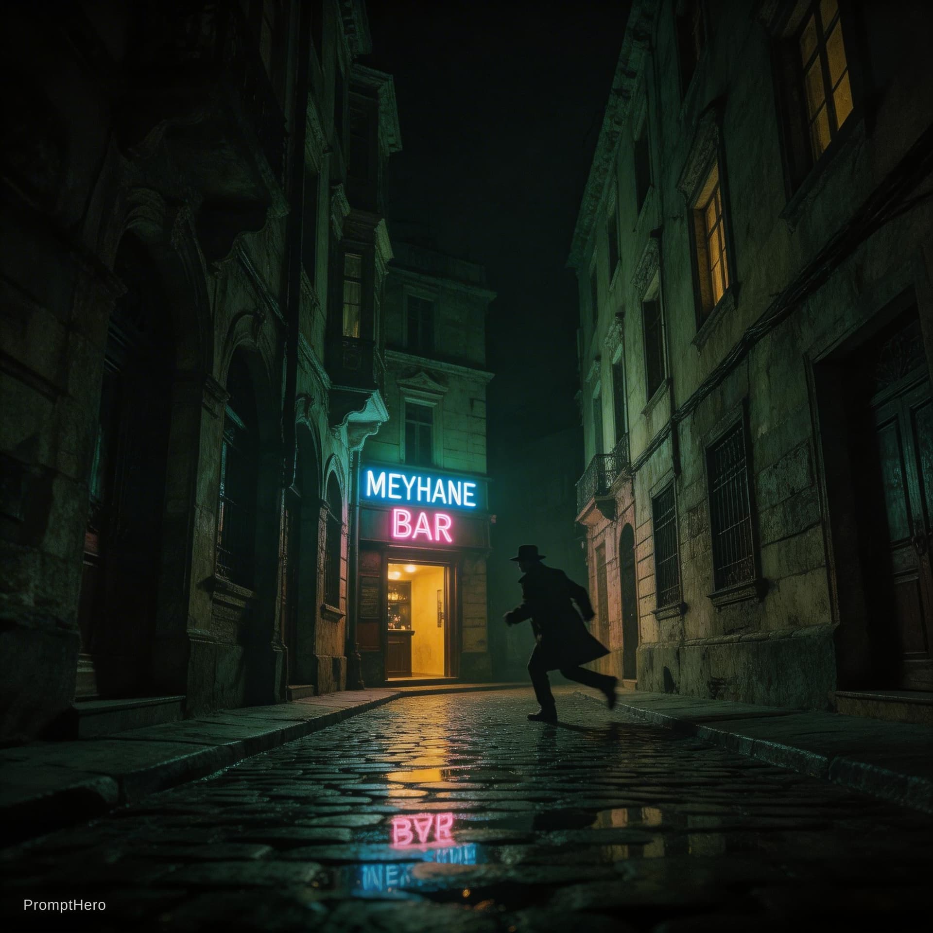 AI generated: Cinematic storyboard frame, night alley in Istanbul, 
narrow dead-end street, wet cobblestones refle...