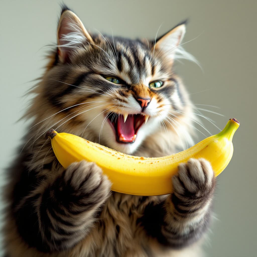 AI generated: Humanoid cat eating Banana 