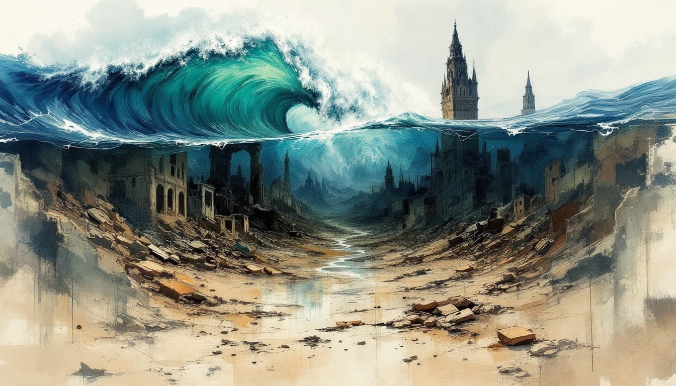 AI generated: surreal epic abstract double exposure fantasy rough hand-painted sketch featuring in the top half of...