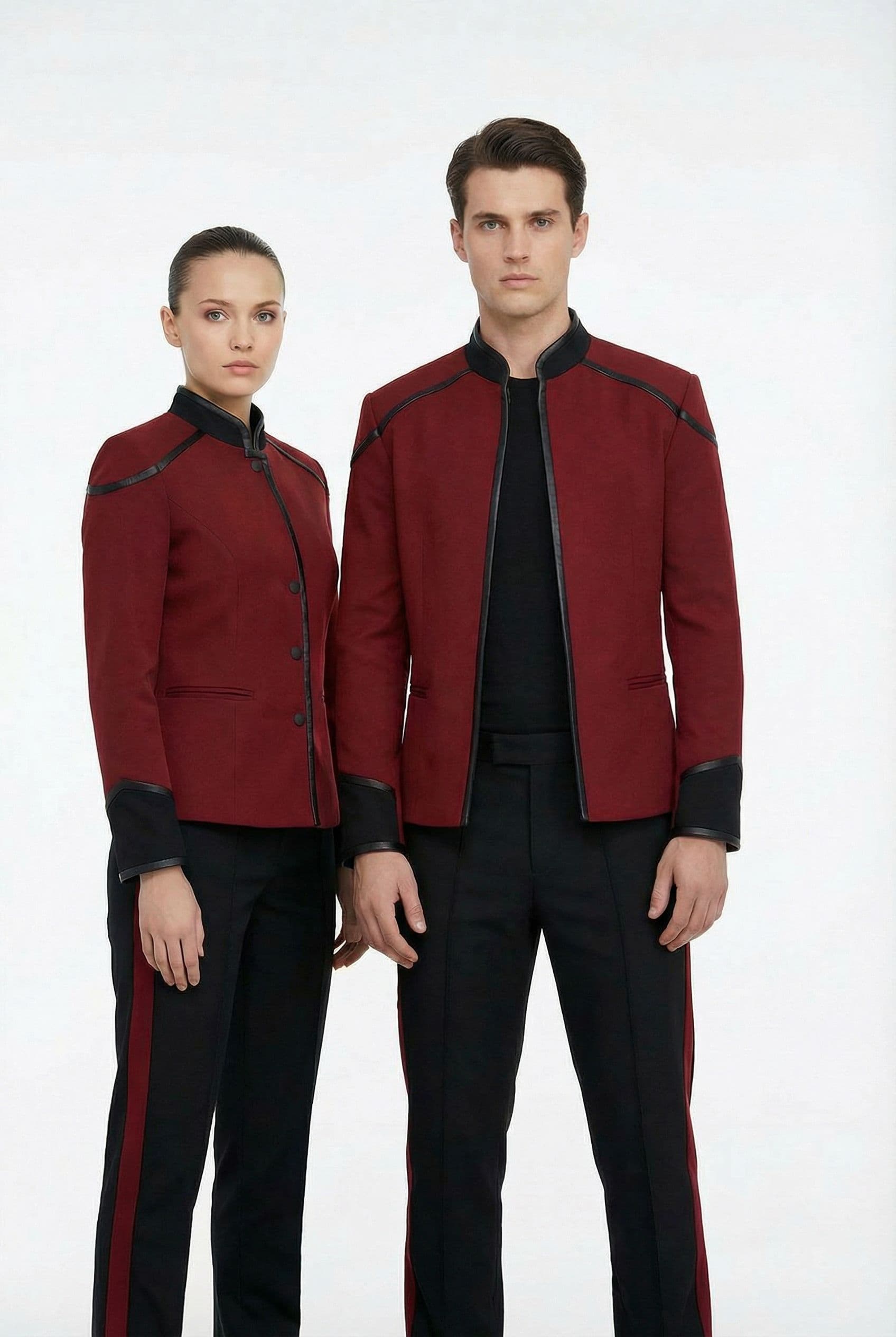 AI generated: Create a Sci-Fi uniform. Use the reference image and turn all blue to red. The color of the uniform ...