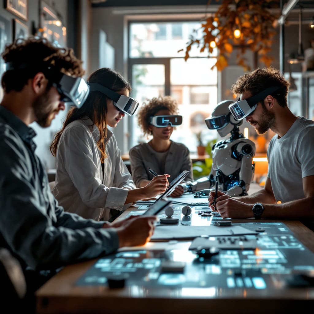 AI generated: A team of modern technological explorers in a cutting-edge innovation lab, wearing augmented reality...