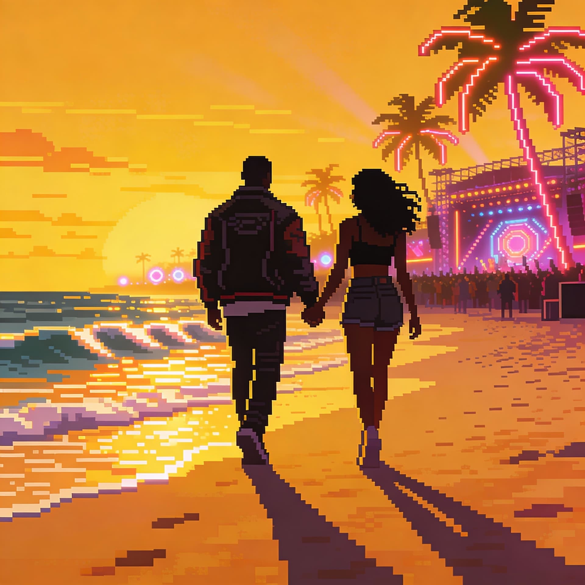 AI generated: A stylish Black couple rendered in a refined pixel-art / pixel-cinematic hybrid style walks hand-in-...