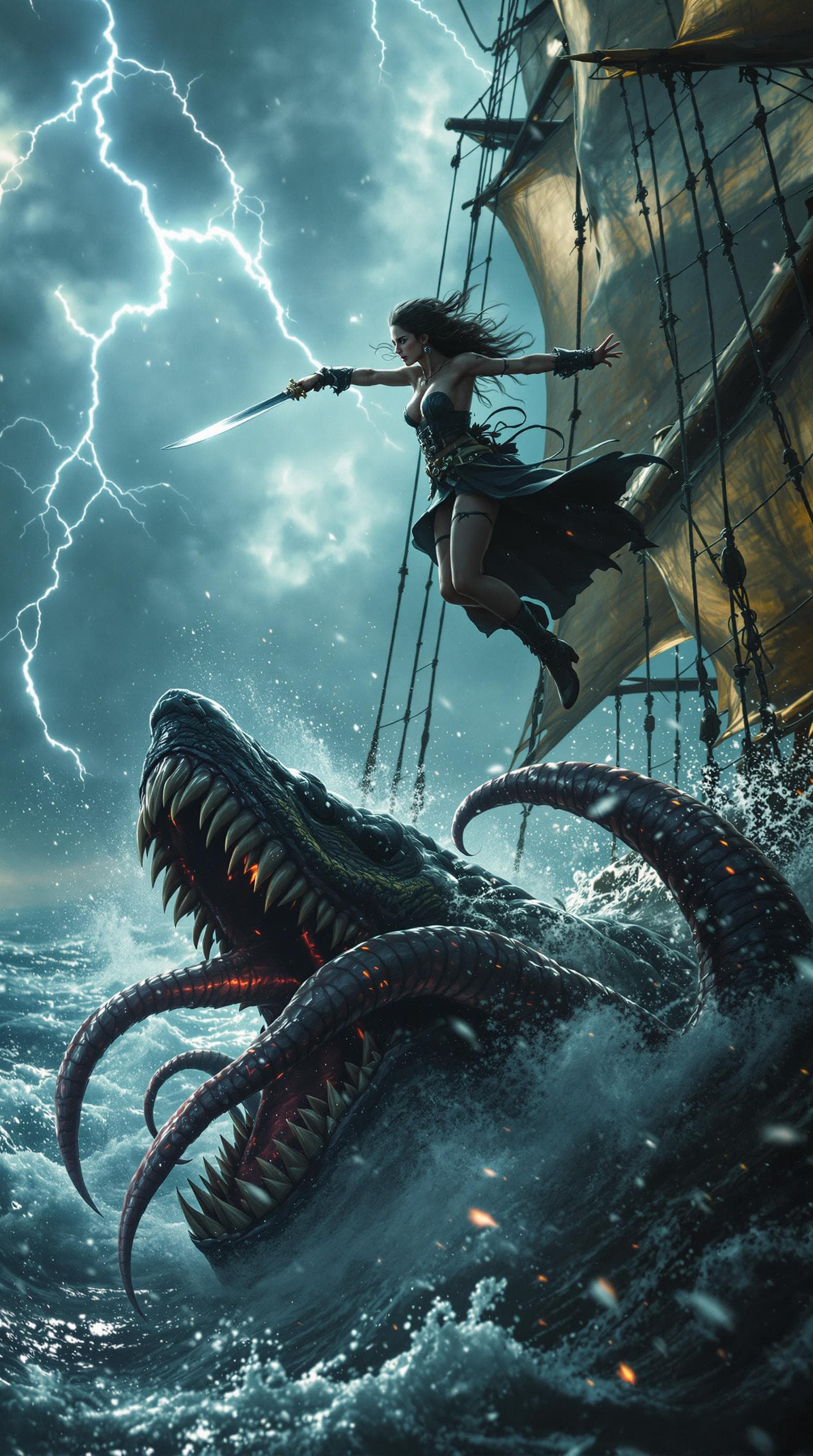 AI generated: Movie quality Side view Action scene: Amidst the tempestuous Caribbean sea, a beautiful but fierce a...
