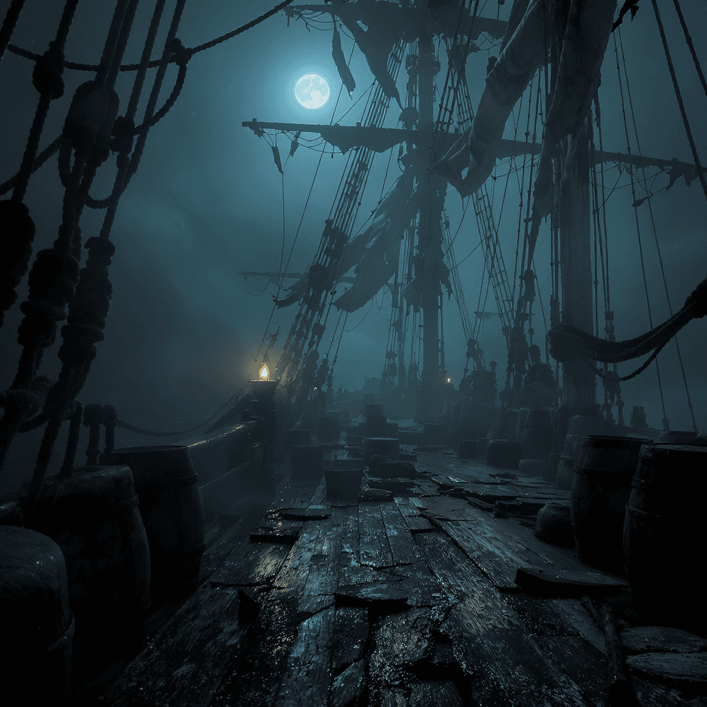 AI generated: Cinematic wide shot from the stern of a dark abandoned European ship, inspired by 'Sweeney Todd: The...