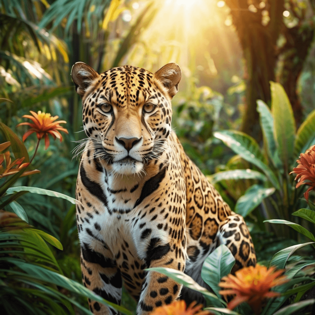 AI generated: Creates a stunning photorealistic visual representation of a beautiful jaguar, posing in the jungle ...