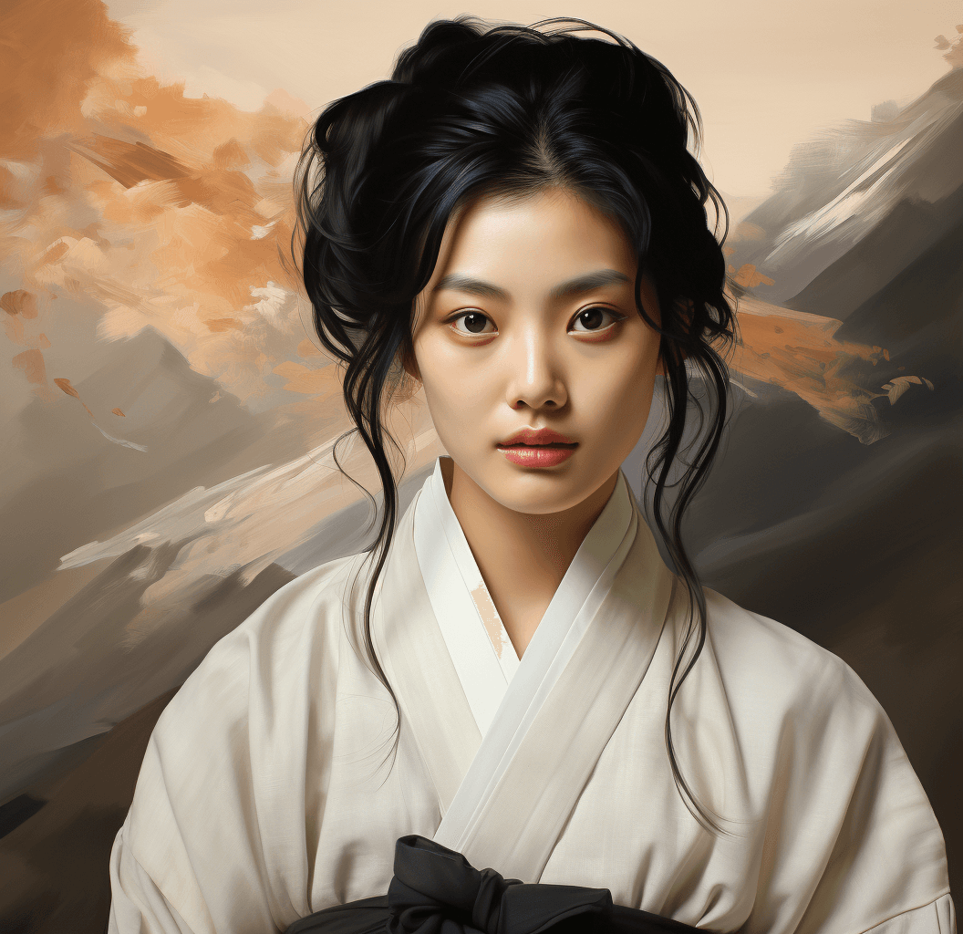 AI generated: the face painting of a young korean woman with black hair, in the style of minimalist color palette,...