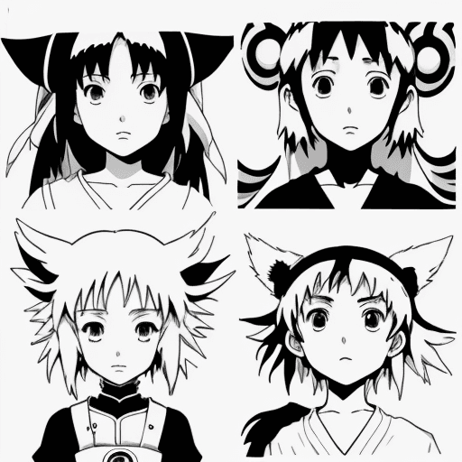 AI generated: many anime motives on white background, {{{{{{black and white style}}}}}}, art by studio ghibli