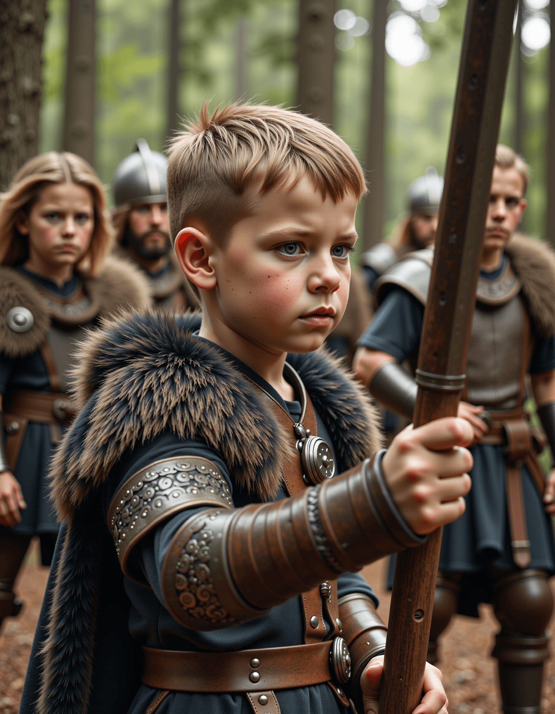 AI generated: Young boy viking warrior in the woods, surrounded by viking clan members, playing with a toy wooden ...